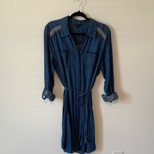 New Directions Indigo denim western embroidered Long Sleeve Dress large midi
